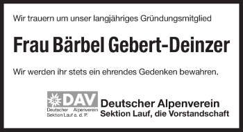 Traueranzeige von Bärbel Gebert-Deinzer von Pegnitz-Zeitung